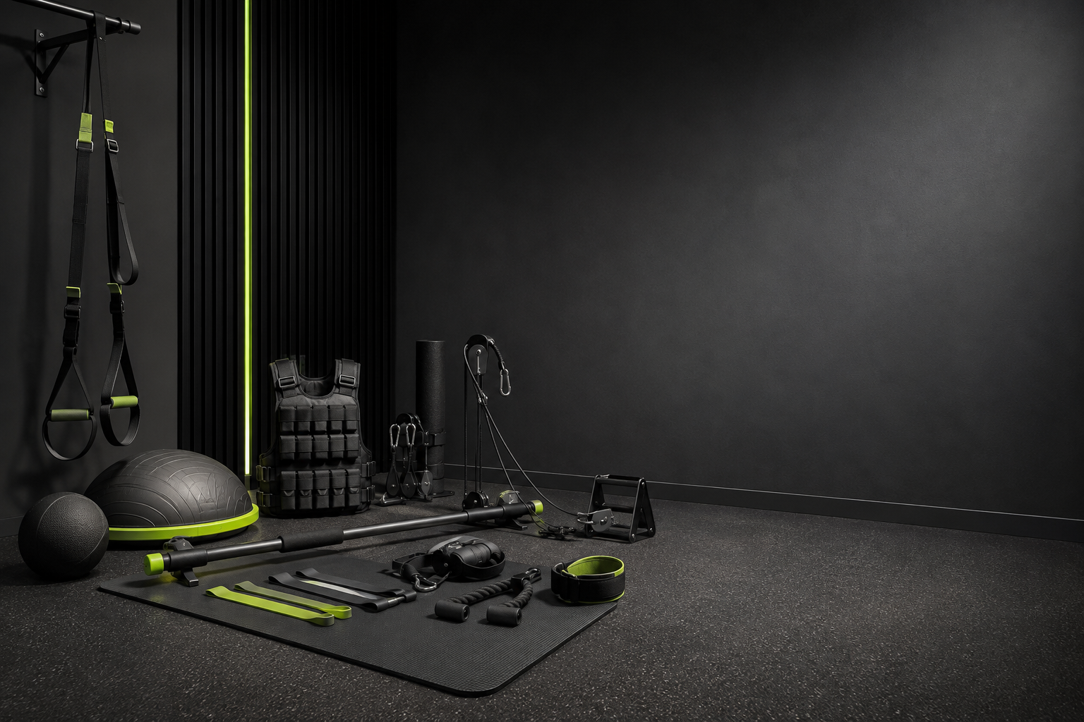 Unbranded home fitness equipment in a modern dark training space