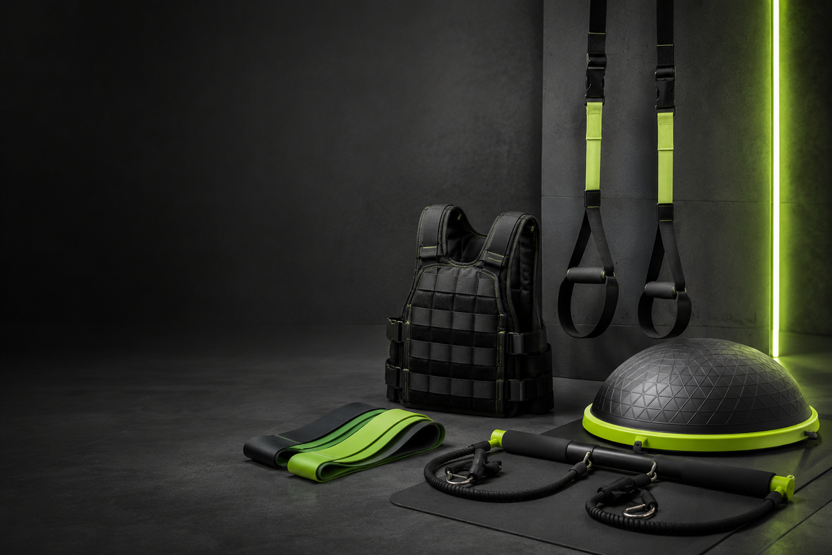 Unbranded home fitness equipment arranged in a dark modern gym