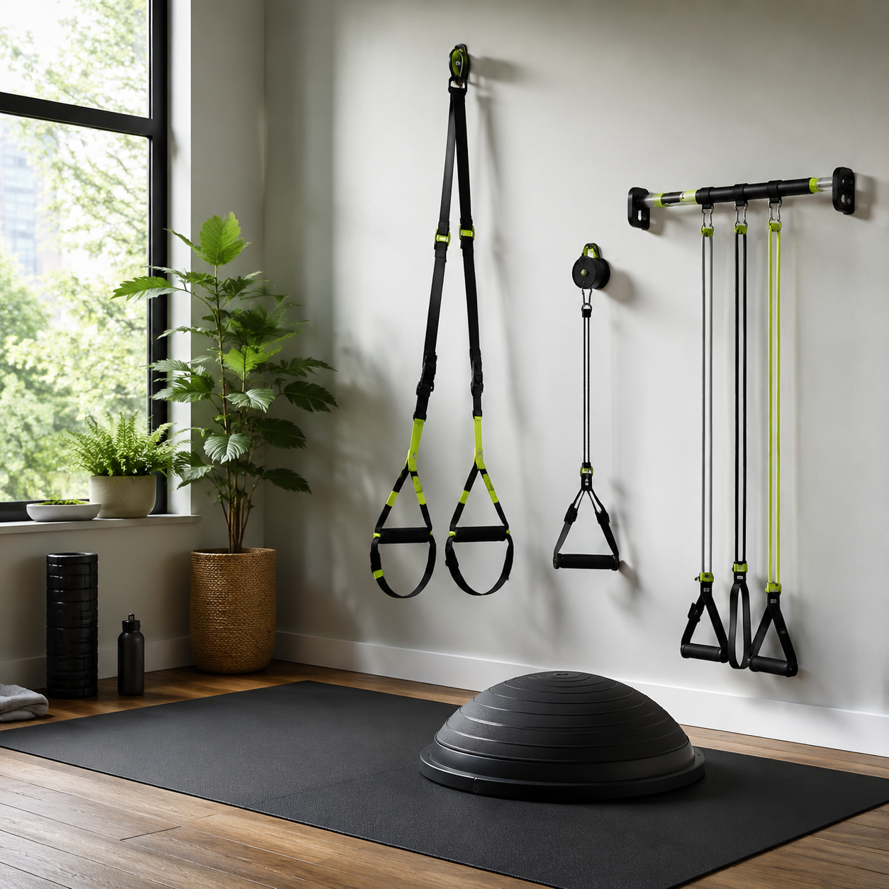 Compact home workout area with suspension trainer and balance equipment