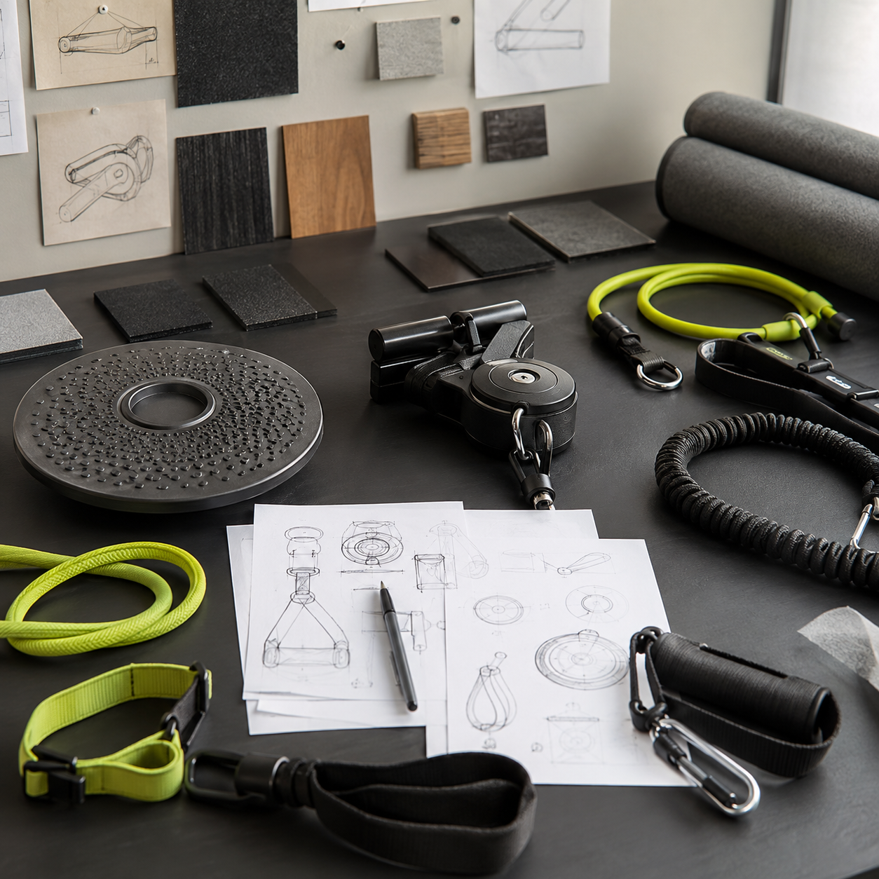 Fitness equipment and material samples in a product planning workspace